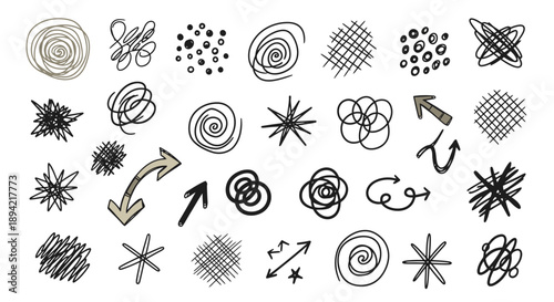 Collection of various hand drawn doodle elements and decorative shapes.