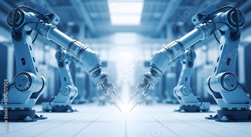 Robotic arms in a factory setting with blue lighting and a symmetrical composition industrial automation