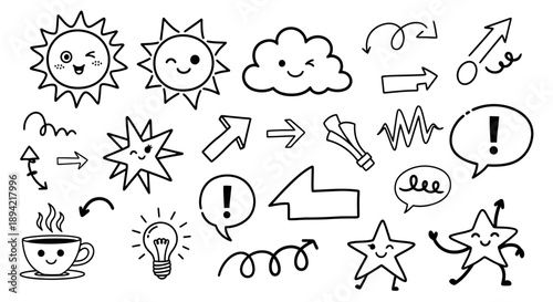 Collection of Simple Black and White Doodle Icons.