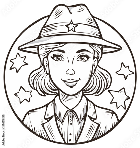 Cartoon woman in a hat with star surrounded by stars in circular badge monochrome