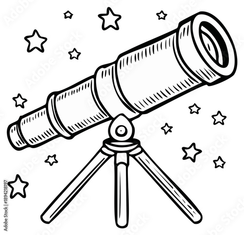 Whimsical telescope drawing with stars, vector illustration for education, science, and astronomy concepts
