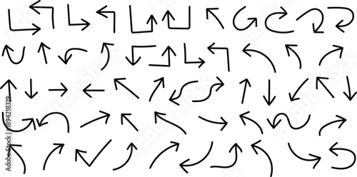 A collection of hand drawn arrows in various directions and styles on a white background