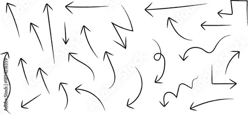 A collection of hand drawn arrows in various directions and styles on a white background
