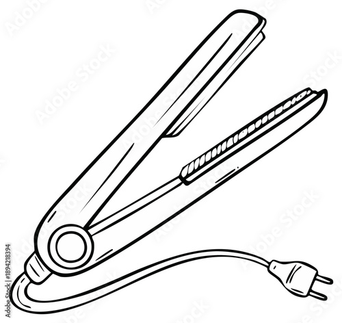Open Black and White Illustration of a Hair Straightener With Cord and Plug
