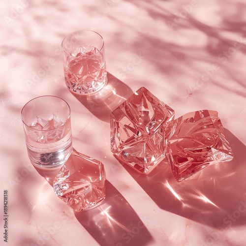 Colorful Glassware on a Pink Surface With Reflections and Shadows From Sunlight