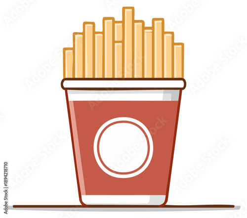 Golden French fries in a classic red fast food carton, a popular crispy potato snack illustration.