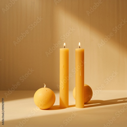 Yellow Candles and Round Candle on a Simple Surface in Soft Light During the ...