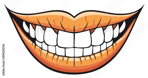 Cartoon smiling mouth, grinning teeth with cartoon lines in orange and white.