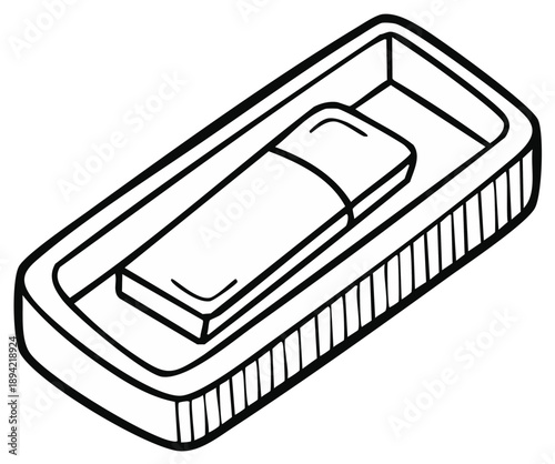 Simple black and white line art illustration of a soap bar in a dish