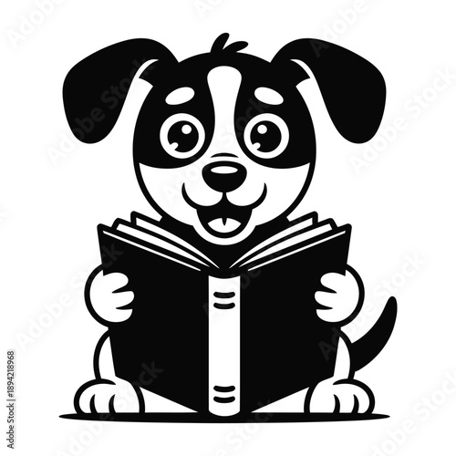 Cartoon dog reading book happily