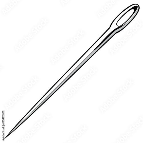 Close up of a single sewing needle with a sharp point and an oval eye in a stylized illustration