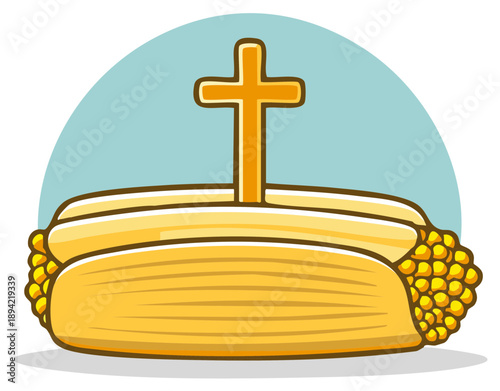 Cartoon Illustration of a Stack of Books with a Christian Cross Resting on Top with a Light Blue Circle