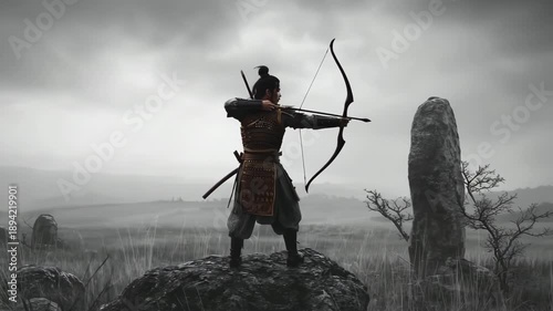 Fantasy Warrior with Bow Under Stormy Sky