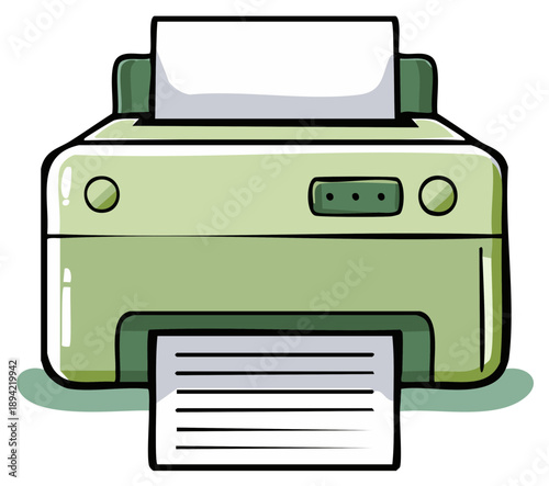 Illustration of an olive green printer with paper in the tray producing a document with black lines on the page