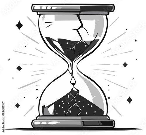 Broken hourglass symbol with sand flowing, time concept.