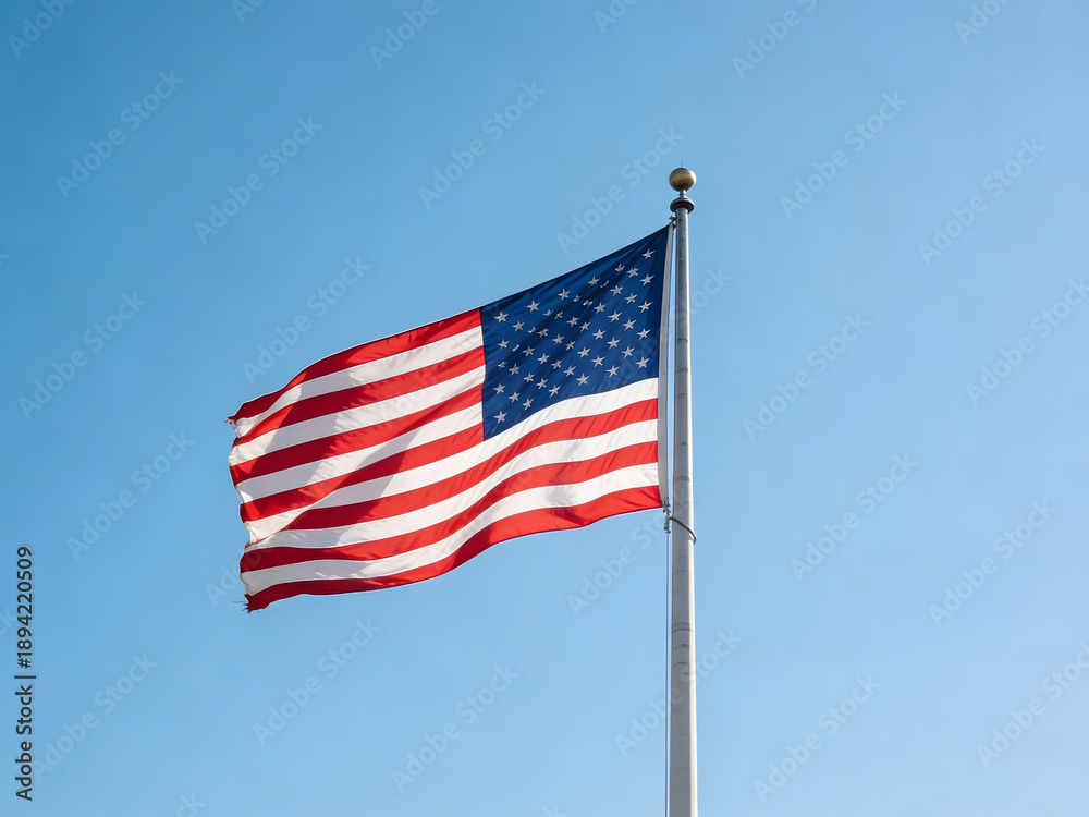 Fototapeta premium United States Flag Flying High on a Metal Pole Against a Cloudless Sky 