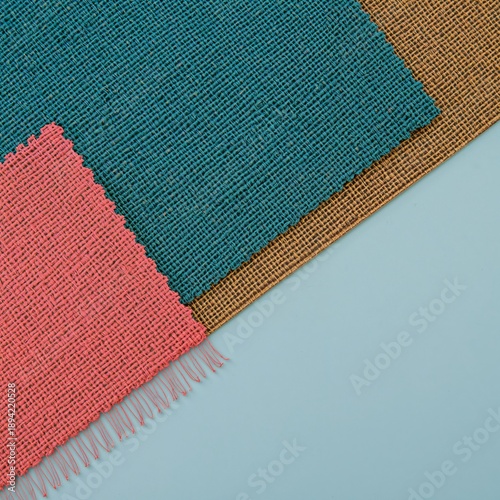 Colorful Fabric Swatches on a Light Blue Surface for Design Ideas and Inspira...