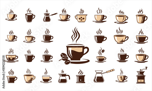 Coffee Cup Icons Set Hot Drink Cafe Espresso Brewing Vector Collection