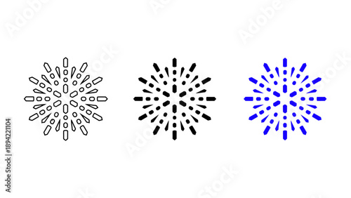 Sparkling sunburst star icon in outline black solid and blue styles representing festive celebration creative inspiration and new product highlight