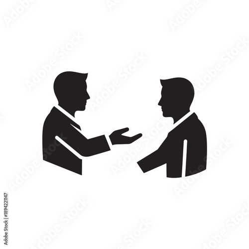Businessmen shaking hands in minimalist silhouette style with black and white color scheme on plain white background for corporate illustration