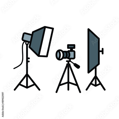 Studio lighting equipment and camera tools on stands for photography and videography applications