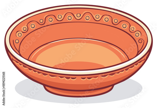 Ceramic bowl with decorative rim and floral patterns on white background for kitchenware concept.