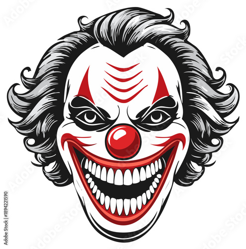 Scary clown face with wide grin and dramatic makeup menacingly looking forward