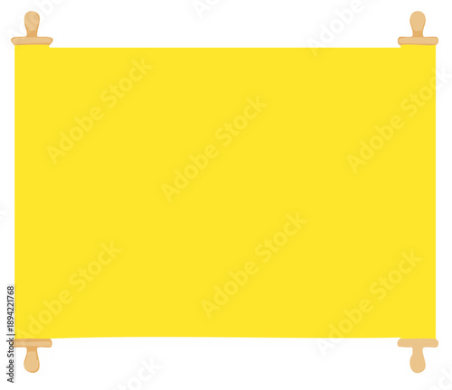 Bright yellow blank scroll banner illustration with wooden handles for message or copy space