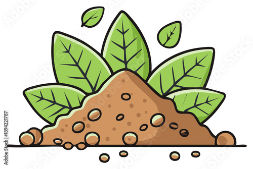 Cartoon illustration of green leaves sprouting from a pile of rich soil