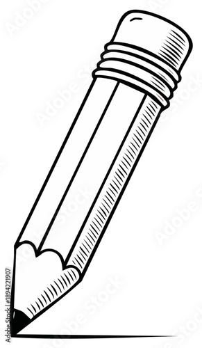 Black and white drawing of a sharpened pencil with an eraser drawing a line