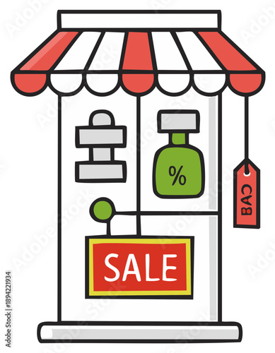 Doodle style shopfront illustration with a striped awning, sale sign, and discounted products on display