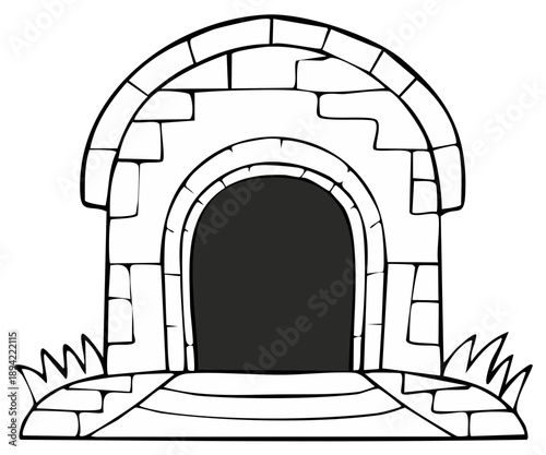 Ancient stone archway entrance to a tomb or cave. Black and white line art illustration.