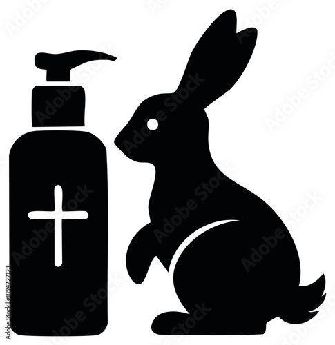 Black silhouette icon of a rabbit and a cosmetic pump bottle symbolizing cruelty free products not tested on animals