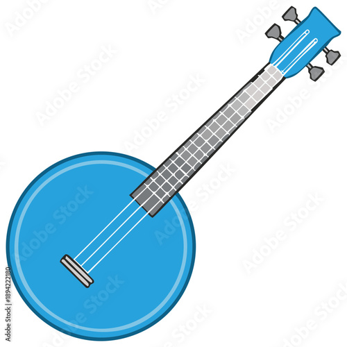 Illustration of a Blue Banjo, Country Music Instrument with Tuning Keys and Strings