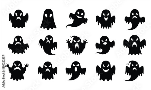 Scary Halloween Ghost Silhouettes Set, Spooky Floating Spirits, Black Isolated Vector Icons