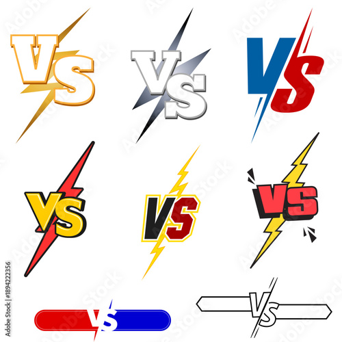 Collection of dynamic versus symbols featuring bold lettering lightning effects and varied color schemes perfect for competitive graphics on transparent background