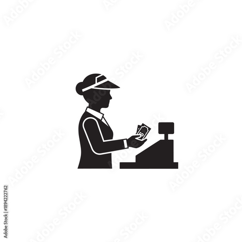 Cashier making payment in monochrome silhouette style with black and white color scheme on plain white background for financial transaction icon