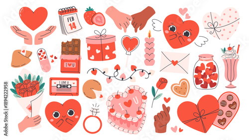Cute Valentines Day festive elements set. Hearts, sweets, gifts, flower bouquet, ring, garland lights, coquette cake, love tape. Cute holiday stickers. Flat vector illustration isolated on white