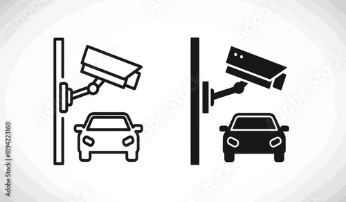 Black and white illustration of security cameras monitoring cars