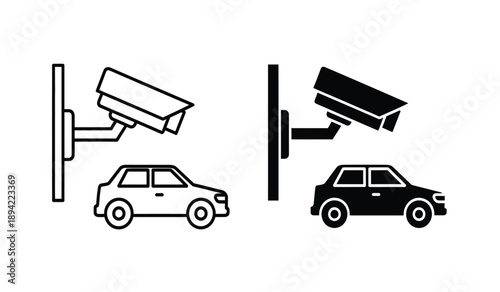 Vector illustration of security cameras monitoring cars in black and white