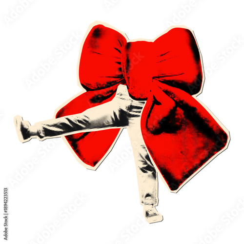 Halftone legs with red doodle bow, funny playful cut out element for collage. Holiday party, Valentine's day, surprise. Modern retro mixed media vector illustration isolated on transparent background