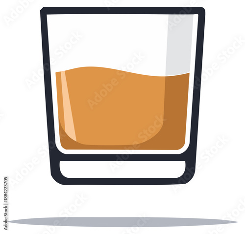 Illustration of a short square glass containing an amber colored alcoholic or non-alcoholic beverage, drink, refreshment, cocktail.