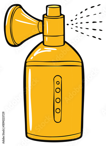Yellow bottle spraying mist droplets from its nozzle in a simple illustrative style