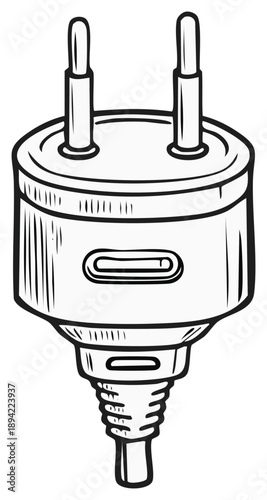 Electric Plug with Two Pins,  Power Cord Cartoon Illustration, Sketch of Electric Socket