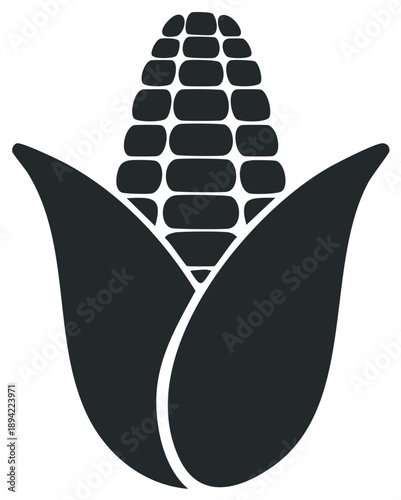 Simple black corn on the cob icon. Maize vegetable symbol for agriculture, harvest, and food.