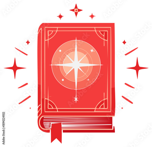 Spellbook icon illustration with mystic compass star and glow graphic elements for games or apps, fantasy concept, flat design