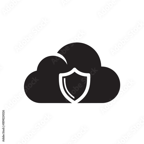 Free Download Cloud Security Shield Icon in Simple Flat Design with Black and White Color Scheme on Isolated White Background for Cybersecurity - GFXLoad