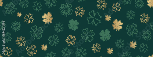 Patricks Day, Gold Clover pattern on green, hand drawn illustrations.	
