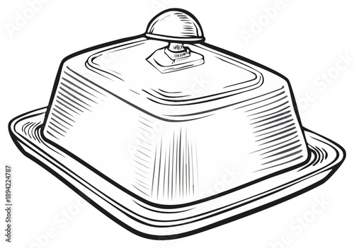 Vintage illustration of a butter dish with lid and handle, hand-drawn sketch