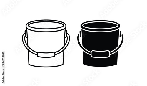 Two black and white line art buckets with handles side by side on a clean and simple background